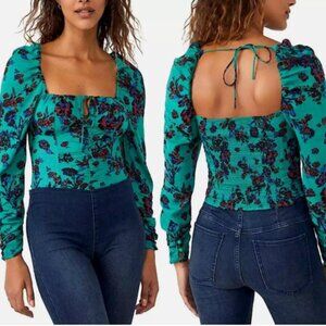 NWT Free People Hilary Floral Printed Long Sleeve Top Green Combo, Small